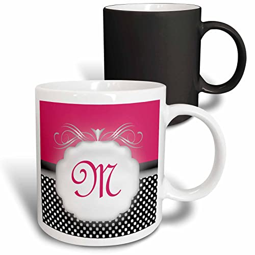 3dRose Elegant Pink with B&W Polka Dot Letter M 11oz Magic Transforming Mug