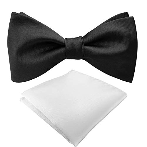 KOOELLE Mens Solid Bowties Set Plain Bow Ties & White Pocket Square for Wedding, Groom (Black)