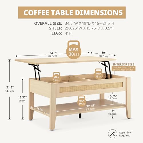 Image of Ink+Ivy Wood Lift Top Coffee Table with Hidden Compartment and Large Storage Shelf, Boho Modern Rattan Dining Rectangle Center Table for Home Living Room Office, 34.5 inch W, Natural