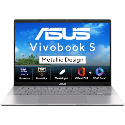 Image of ASUS Vivobook S14, Intel Core Ultra 7 255H, 16GB RAM, 512GB SSD, FHD+ 14 inch, Windows 11,Office Home 2024 M365 Basic (1Year)*, Cool Silver, 1.4Kg, S3407CA-LY084WS, Intel Arc iGPU, Metallic Design Laptop