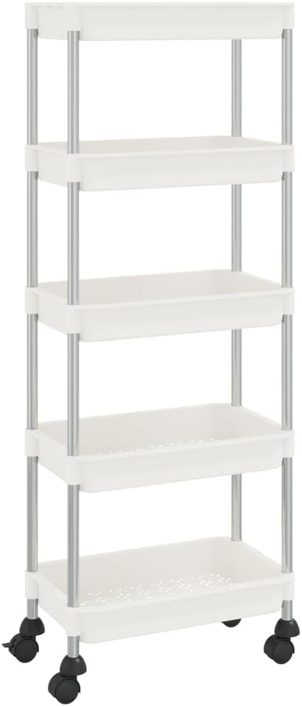 vidaXL 5-Tier Kitchen Trolley in White - Convenient Storage Organizer with Removable Baskets and 2 Braking Wheels - Durable ABS Plastic and Iron - 16.5"x11.4"x50.4"