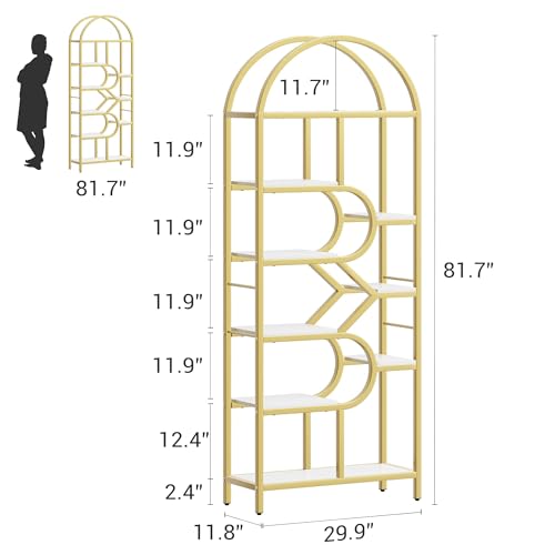 Garvee Bookshelf 6 Tier Arched, Bookcase 82 Inch Tall Display Racks, Geometric Open Storage Shelf, Book Rack Metal Frame Large Modern Bookshelf for, Living Room, Home, Office, Gold+White