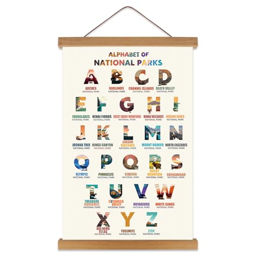 KAIRNE National Parks ABC Poster,Nature Scenery Alphabet Canvas Art Print,Travel Themed Wall Decor with Wood Magnetic Hanging Decoration(35X56CM) Alphabet of National Parks for Traveler Room Decor