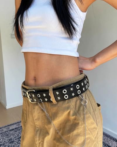 Punk Star Belts Hip Hop Black Belt Double Prong Buckle Belt with Detachable Chain for Women3