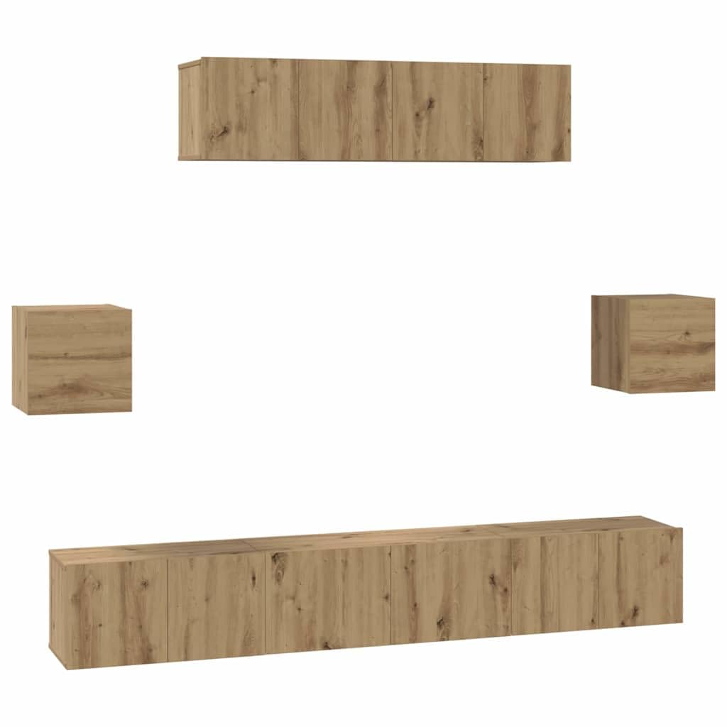 Mueble de TV montado en la pared de 7 piezas de madera de roble Artisan, con puertas y compartimentos para sala de estar, diseño que ahorra espacio, fácil montaje en pareja