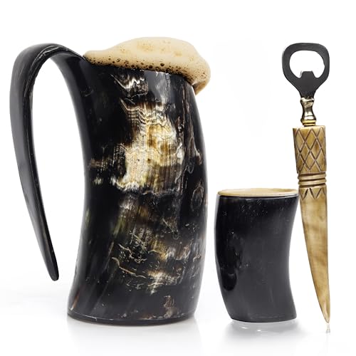 Viking Drinking Horn Mug Set with Cool Shot Glass & Opener for Beer, Whiskey, ale. Ox Horn Cup, Coffee Stein 16-20 oz for Men & Women- Ideal for Christmas, Birthday, Occasions and Home Decor.