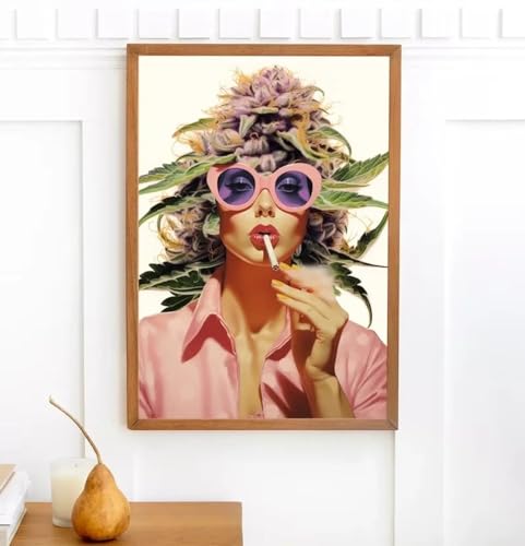 Peinture sur toile bohème portrait de femme et fleurs grand format 70x110 cm