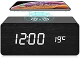 CHYAN Wooden Digital Alarm Clock with Qi Wireless Charging, 3 Level Dimmer, 3 Alarms Setting, Sound...