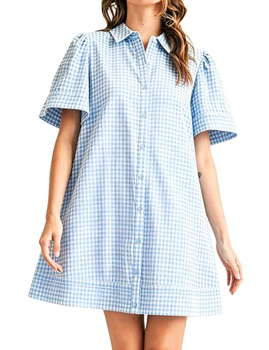 Image of Womens Short Sleeve Button Down Mini Shirt Dress Lapel Collar Short Dresses with Pocket
