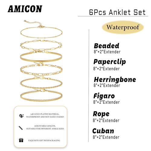 6 PCS Gold Ankle Bracelets for Women, 14k Plated Gold Layered Anklet Set Waterproof Herringbone Paperclip Beaded Figaro Cuban Link Chain Beach Stackable Anklet Bracelet Jewelry Gift for Women4
