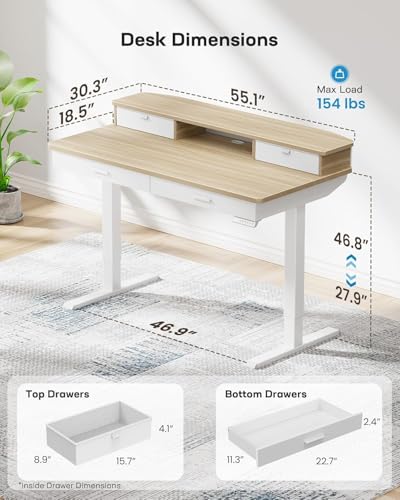 Image of HUANUO 55 x 30 inch Standing Desk with Wood Drawers,Electric Stand up Home Office Desk Adjustable Height with Two Tiers, Natural Ergonomic Stand up Desk with Monitor Stand