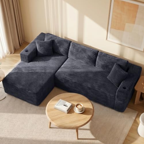 Image of 103 inch Modular Boneless Couches,Sectional Sofa for Living Room with 2 Cup Holders,Memory Foam Cloud Couch with L Shaped Oversized Chaise,No Assembly Needed Plush Corduroy Sofa,Dark Gray