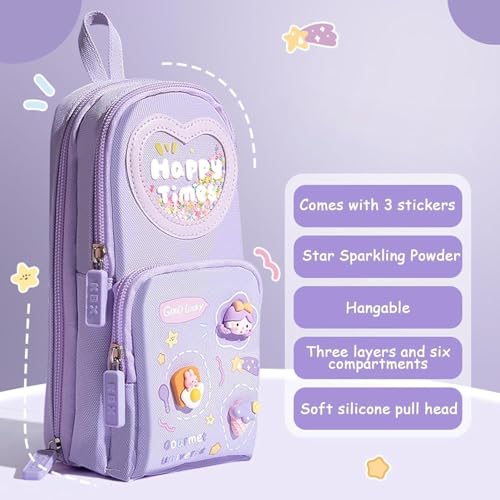 Image of Kawaii Cute Pencil Pouch with Push Pull Eraser Set for Kids,Premium Canvas Zipper Stationery Organizer Box with Cartoon Design | School Supplies Gift Combo for Boys & Girls (Happy Purple + Eraser)