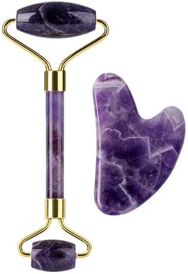 Face Roller Gua Sha Gouache Scraper Natural Amethyst Rose Jade Stones Roller and Guasha Set Facial Lift Skin Care Tools, Type 10