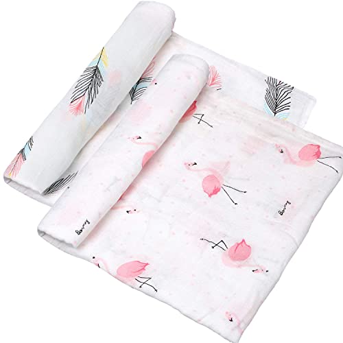 RONGRONG 2팩 베이비 모슬린 쌈 담요 47 X 47인치 대나무 면 라지 소프트 베이비 리시빙 담요 쌈장(플라밍고 및 깃털 프린트)