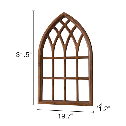 Sintosin Farmhouse Arched Window Frame Wall Decor 20 x 32 Inches, Hanging Burning Finish Cathedral Wooden Window Frame, Handmade Rustic Faux Window Pane for Fireplace Living Room Entryway Hallway