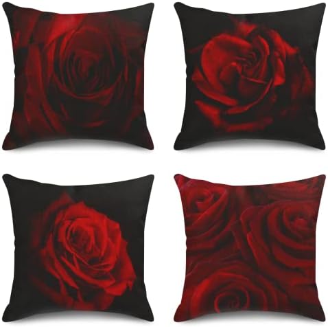 Sanwarm Throw Pillow Covers Home Decor Set of 4 Pillow Cases Decorative 18 x 18 Inches Cushion Couch Sofa Pillowcases Red Rose Flower Black Beauty Bloom