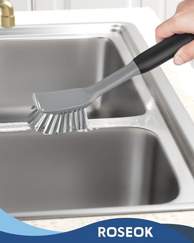 Image of ROSEOK Dish Brush, Dish Scrubber, Nylon Bristles with Built-in Scraper | For Cleaning Dishes, Pots, Non-Stick Pans and Sinks, Black, 2 Pack