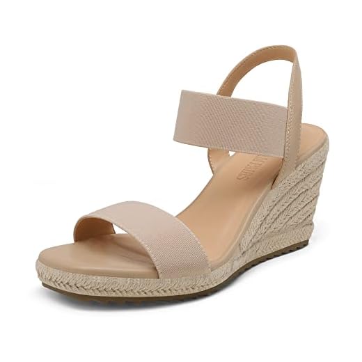 DREAM PAIRS Womens Open Toe Espadrilles Dressy Platform Sandals Slip on Elastic Ankle Strap Wedges Sandals SDPW222W Nude Size 7.5