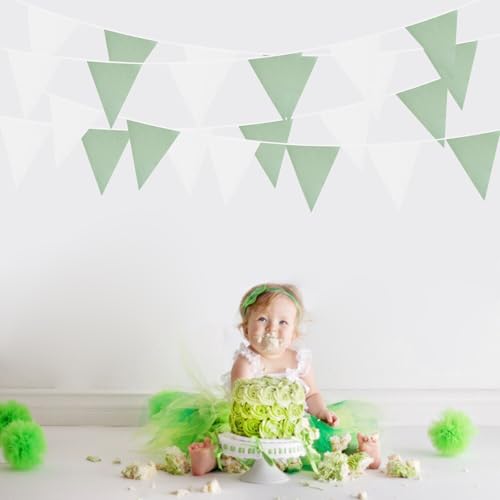 Image of Zwiebeco 39Ft Green White Fabric Bunting Banner Triangle Flags Hanging Cotton Garland Pennant for Spring Tea Party Birthday Wedding Baby Shower Outdoor Garden Decorations 42PCS