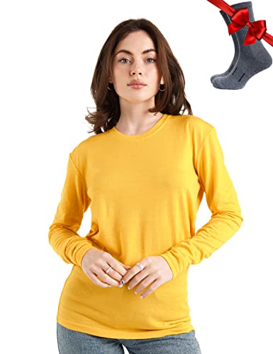 Merino.tech Maillot thermique à manches longues et chaussettes en laine mérinos légère pour femme 100 % laine mérinos, Or 165, Taille S Cover