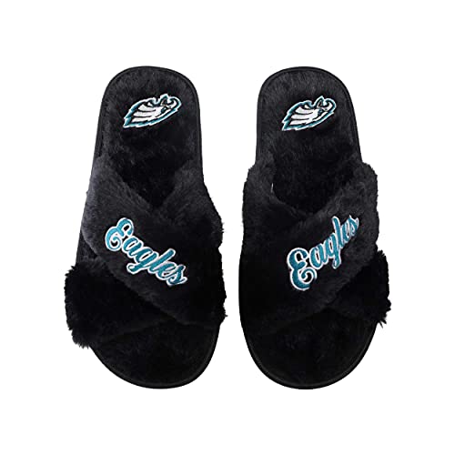Image of FOCO Womens NFL Team Script Wordmark Fuzzy Cross Slide Slippers