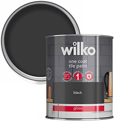 wilko One Coat Intense Black Tile Gloss Paint, Glazed Ceramic Tiles Paint, Moisture Resistant Tile Gloss Paint, One Coat Tile Gloss Paint, 750ml