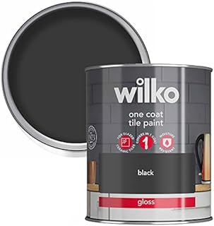 wilko One Coat Intense Black Tile Gloss Paint, Glazed Ceramic Tiles Paint, Moisture Resistant Tile Gloss Paint, One Coat Tile Gloss Paint, 750ml