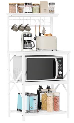 Image of Furologee Kitchen Bakers Rack with Hutch, Coffee Bar Station 4 Tiers, Microwave Oven Stand with 6 S Hooks and Pegboard, Kitchen Microwave Rack for Spice Organizer Workstation, White