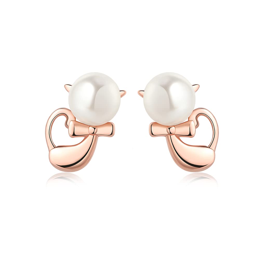 TREEWOOCute Cat Earrings Shell Pearl Rose Gold Earrings Sterling Silver Hypoallergenic Studs for Girls Women Cat Lovers Christmas Gift
