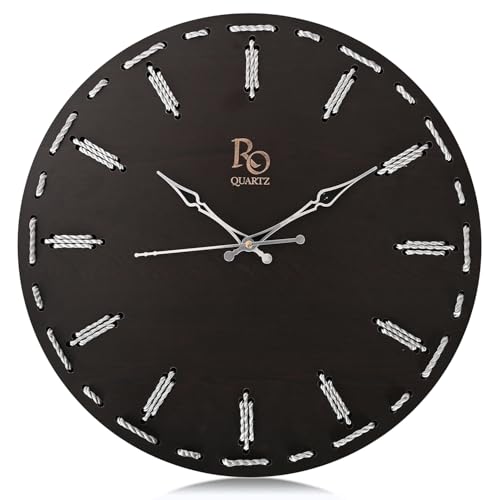 Image of Wooden Round Shape Wall Clock with Silver Hands & Silver Zari Rope Detailing | Handcrafted Silent Quartz Movement Anti Reflection Analog Vintage Clock for Home & Office (Black, 15.5 Inch)