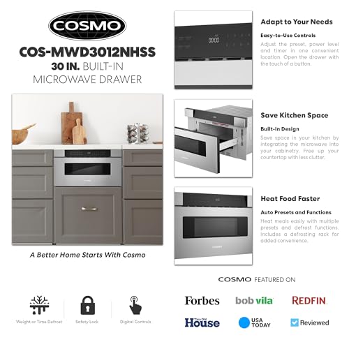 COSMO COS-MWD3012NHSS 30 in. Haven Collection 1.2 cu. ft. Built-in Microwave Drawer, Presets, Touch Controls, Defrosting Rack, Stainless Steel