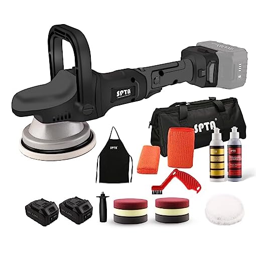 SPTA Akku Exzenter Poliermaschine,18V Polierer Akku-Polier- / Akku-Exzenterpolierer mit 8mm Orbit 160-480 OPM mit 125mm Polierschwamm Polierteller, polieren Pad/Wollscheibe 2tlg 4000 mAh Batterie