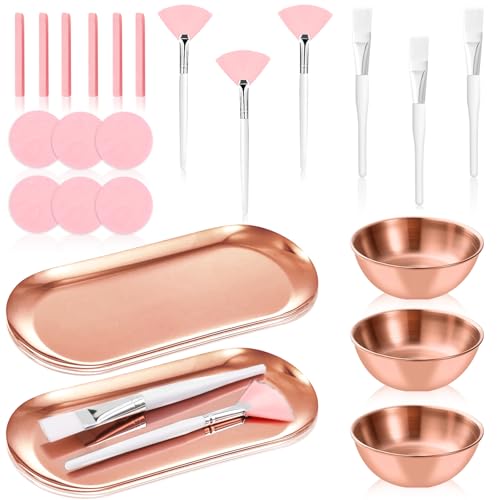 Fournitures faciales esthéticienne or rose avec bols en acier inoxydable et pinceaux éventails