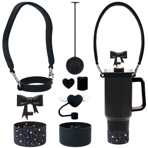 YAYAYOUNG 7 PCS Stanley Cup Silicone Accessories Set Including Water Bottle Handle Strap Stanley Cup Boots Silicone Straw Covers Silicone Tea Strainer for StanleyCup 40oz & 30oz Tumbler-Black
