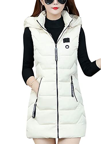 Damenweste mit Kapuze, warm, Reißverschluss, Winterweste, lang, einfarbig, lässig, gesteppt, mit Taschen, Xs-beige, XX-Large Cover