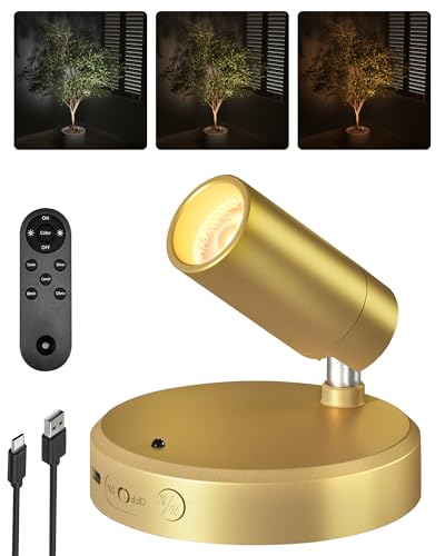 EZVALO LED Spotlight Indoor, 5500mAh Rechargeable Battery Picture Lights, Wireless Mini Art Accent Spot Lights with Remote, Uplighting Indoor for Plants, Display, Painting, Artwork (1Pack-Gold)