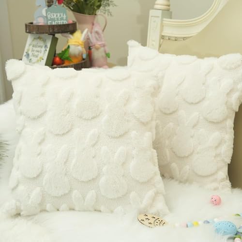GEEORY Easter Bunny Soft Plush Pillow Covers, 18 x 18 Inch Set of 2, Fluffy Faux Fur Wool Decorative Farmhouse Cushion Case for Sofa Home Decoration Cream GC013-18