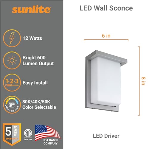 Image of Sunlite 81480 8 inch Modern LED Wall Sconce Light, Outdoor Fixture, Adjustable 3 CCT 3000K-5000K, 12 Watts, 600 Lumens, Opal Shade, Brushed Nickel Frame, Indoor For Bathrooms, Garage, Hallways & Entryways