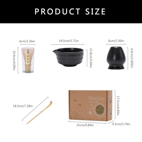 Matcha Tea Set – Traditional Japanese Ceremony Kit with 18.5OZ Ceramic Bowl, Bamboo Whisk, Scoop, and Holder – Ideal for Authentic Matcha Preparation and Gifting (Matte Black)