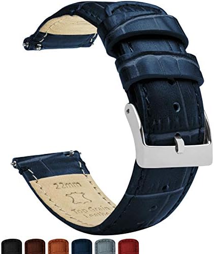 BARTON WATCH BANDS Alligator Grain Cowhide Leather - Quick Release Leather Watch Bands, Standard Length, Navy Blue & Stainless Steel Buckle, 22mm - 1