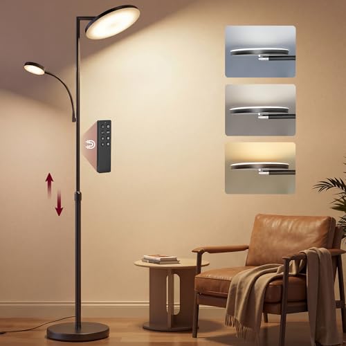 VASAGLE Stehlampe Wohnzimmer LED-Stehleuchte höhenverstellbar Standleuchte 42W drehbarer Lampenkopf Schlafzimmer Büro Leselampe Timer Tasten- und Fernbedienung mattschwarz LFL028BD02
