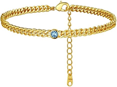 FindChic Cuban Chain Anklet with 12 Month Synthetic Birthstone Foot Jewelelry Adjustable Gold Plated Ankle Bracelets for Women