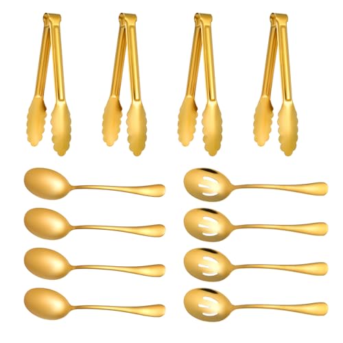 12 PCS Gold Stainless Steel Serving Utensils Sets - Large Serving Spoons,Slotted Spoons,Serving Tongs,Appetizer Tongs,Utensils Sets for Buffet Catering Banquet Party (Gold)