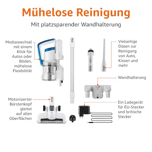 Amazon Basics Akku-Staubsauger, 2-in-1-Gerät, mit BLDC-Motor, 350 W, 0,7 l, Weiß und Blau 2