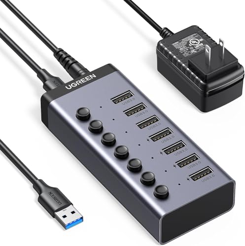 موزع USB 3.0 يعمل بالطاقة من يوجرين محول يو اس بي 7 منافذ مع 4 شحن ذكية مقسم مفاتيح تشغيل-إيقاف LED فردية ومحول طاقة موسع للابتوب والكمبيوتر رمادي
