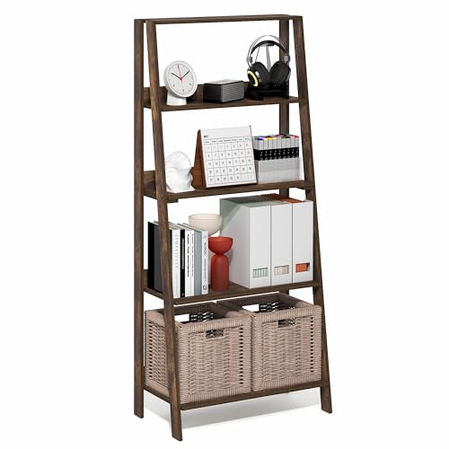 Image of Furinno Ladder 5-Tier Book Shelf, Leaning Standing Shelf, Amber Pine | 13 x 23.6 x 53.5, Open Frame Design Bookshelf, Display Storage Shelves, for Living Room, Home Office