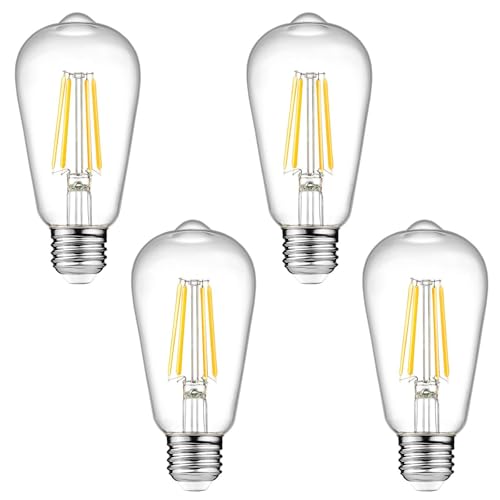 Ascher E26 LED Light Bulbs, Dimmable, 6W, Equivalent 60W, 800lm, Warm White 2700K, ST58 Edison Bulb, Vintage Filament Clear Glass, Pack of 4