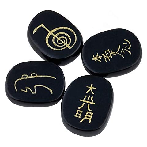 AITELEI 4 Piece Obsidian Stones Engraved Chakra Symbols Polished Palm Stones for Reiki Crystal Healing Cover