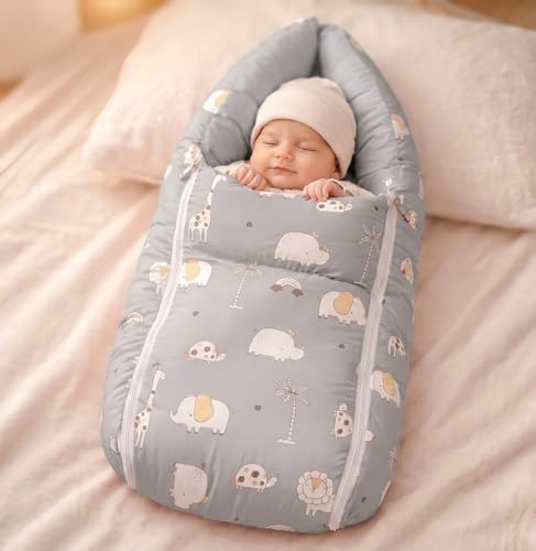 Image of VoiDrop 3 in 1 Baby Sleeping Bag /Baby Bedding Set for New Born, Baby Bed for New Born /Very Soft & Comfortable 0-12 Months /Foldable & Washable Cotton (Grey Color)